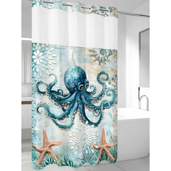 No Hook Shower Curtain with Snap in Fabric Liner Set Ocean Octopus Starfish Monster Bathroom Curtains with See Through Mesh Top Window,Sea Coral Vintage Map Waterproof Double Shower Curtain 36x72In