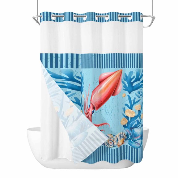 No Hook Shower Curtain with Snap in Fabric Liner Set Oceans Red Squid Sea Stars Bathroom Curtains with See Through Mesh Top Window,Shells Blue Striped 60x72in