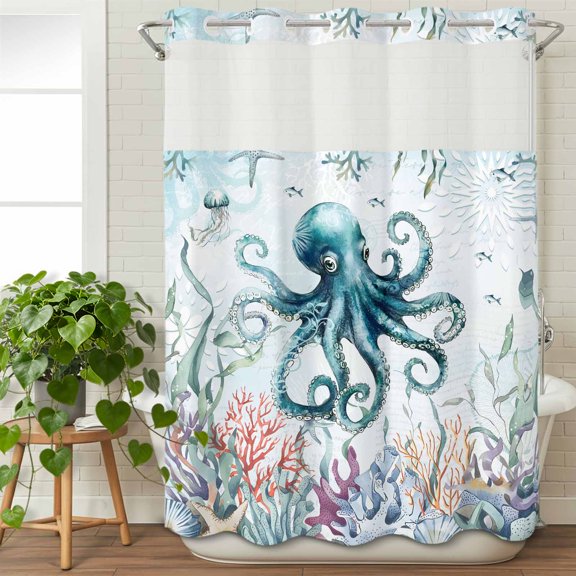 No Hook Shower Curtain with Snap in Fabric Liner Set- Octopus Sea Monster Coral Seaweed Bathroom Curtains with See Through Mesh Top Window, Blue Ocean World Waterproof Double Shower Curtain 60x72In