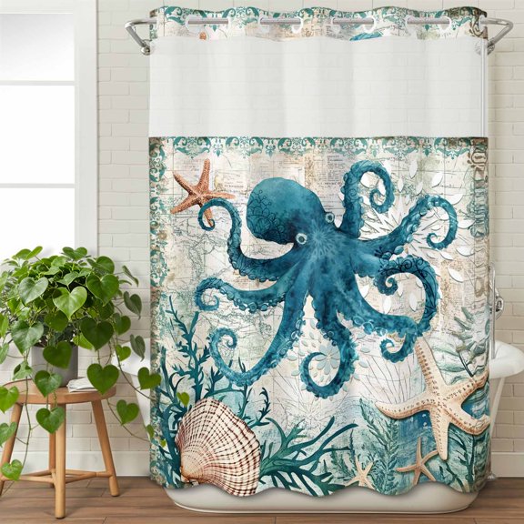 No Hook Shower Curtain with Snap in Fabric Liner Set- Octopus Starfish Shell Sea Monster Bathroom Curtains with See Through Mesh Top Window, Nautical Map Waterproof Double Shower Curtain 60x72In