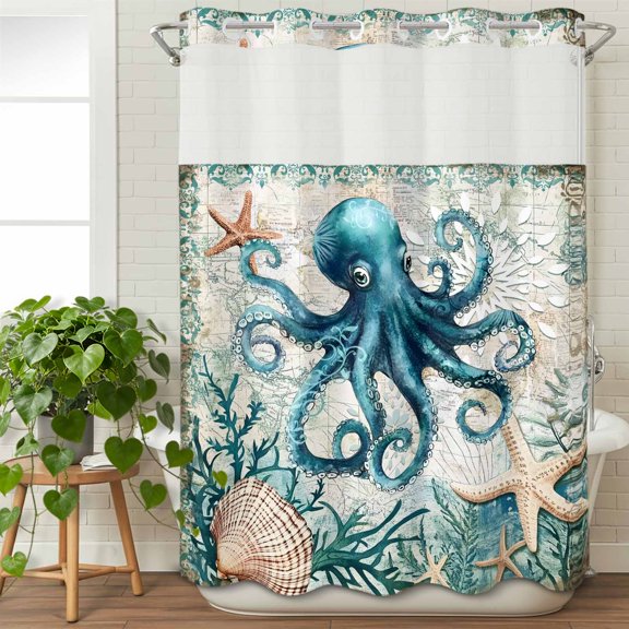 No Hook Shower Curtain with Snap in Fabric Liner Set-Octopus Starfish Shells Coral Bathroom Curtains with See Through Mesh Top Window, Sea Monster Retro Style Waterproof Double Shower Curtain 60x72In