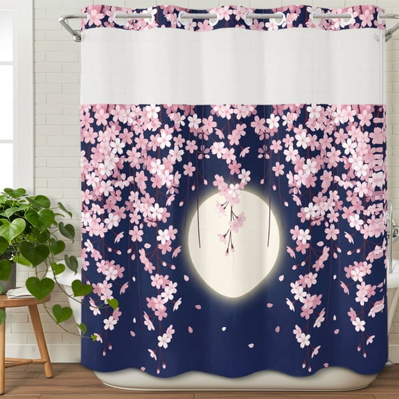 No Hook Shower Curtain with Snap in Fabric Liner Set Pink Cherry Blossoms Full Moon Bathroom Curtains with See Through Mesh Top Window,Japanese Floral Art Waterproof Double Shower Curtain 72x78In