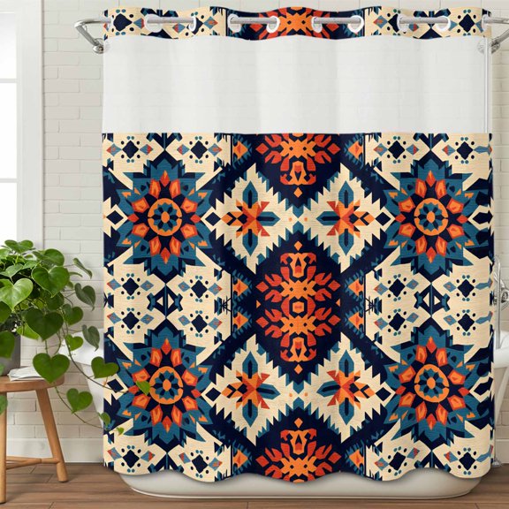 No Hook Shower Curtain with Snap in Fabric Liner Set- Retro Indian Ethnic Style Bathroom Curtains with See Through Mesh Top Window, Ancient Patterns Waterproof Double Shower Curtain 72x84In