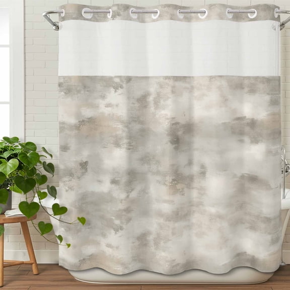 No Hook Shower Curtain with Snap in Fabric Liner Set Retro Marble Slate Pattern Bathroom Curtains with See Through Mesh Top Window,Gradient Art Waterproof Double Shower Curtain 72x78In