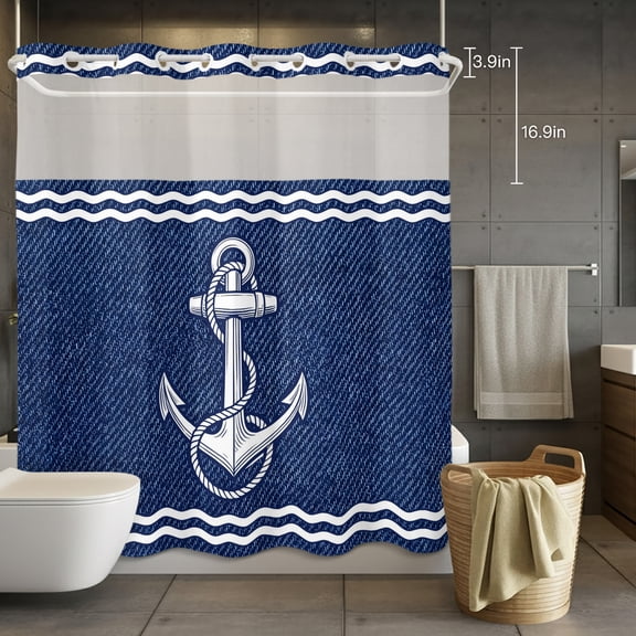 No Hook Shower Curtain with Snap in Fabric Liner Set Rustic Midnight Blue Ship Anchor Bathroom Curtains with See Through Mesh Top Window,Nautical Ocean Waves Waterproof Double Shower Curtain 72x72In