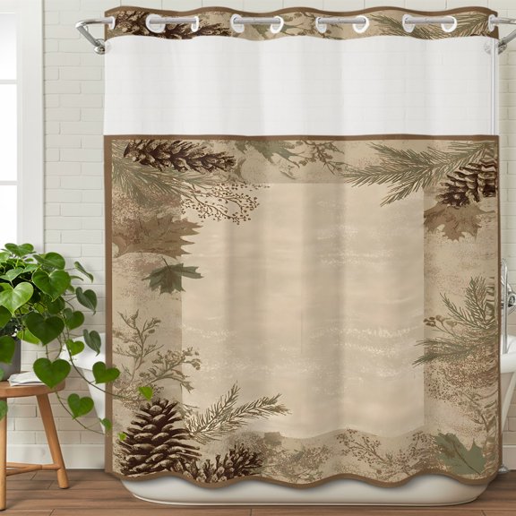 No Hook Shower Curtain with Snap in Fabric Liner Set Rustic Pine Cones Leaves on Beige Bathroom Curtains with See Through Mesh Top Window,Farmhouse Plants Waterproof Double Shower Curtain 72x78In