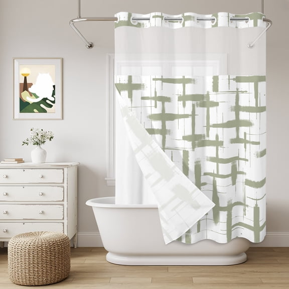 No Hook Shower Curtain with Snap in Fabric Liner Set Sage Green Stripes Abstract Geometric Bathroom Curtains with See Through Mesh Top Window,Intersecting Lines Double Shower Curtain 60x72In