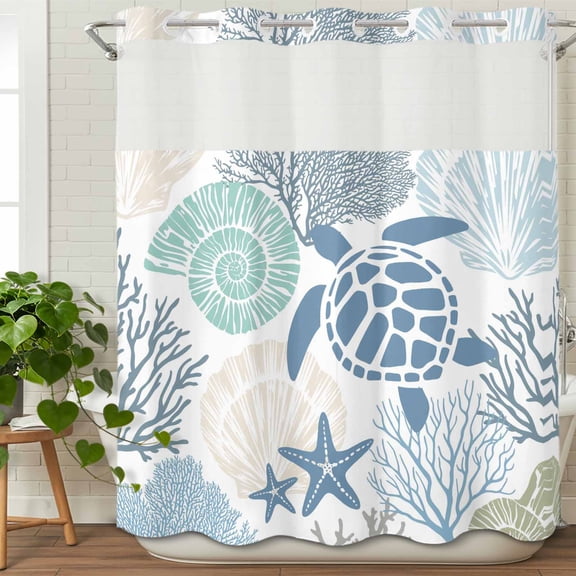 No Hook Shower Curtain with Snap in Fabric Liner Set Sea Turtle Shell Conch Starfish Bathroom Curtains with See Through Mesh Top Window,Blue Teal Marine Life Waterproof Double Shower Curtain 72x72In