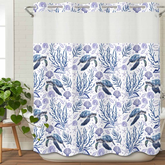 No Hook Shower Curtain with Snap in Fabric Liner Set- Sea Turtle Shell Coral Seamless Bathroom Curtains with See Through Mesh Top Window, Summer Ocean Theme Waterproof Double Shower Curtain 72x84In