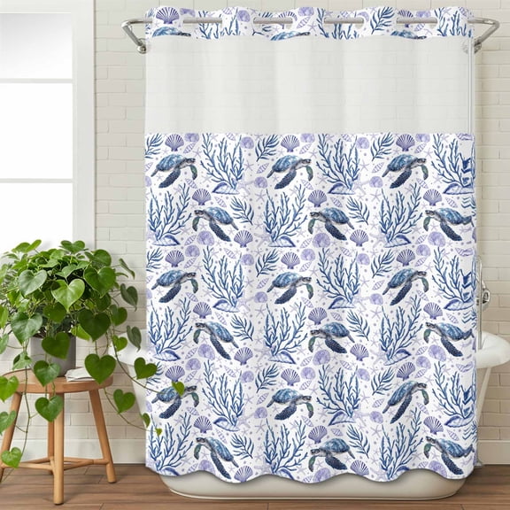 No Hook Shower Curtain with Snap in Fabric Liner Set- Sea Turtle Shell Coral Seamless Bathroom Curtains with See Through Mesh Top Window, Summer Ocean Theme Waterproof Double Shower Curtain 60x72In