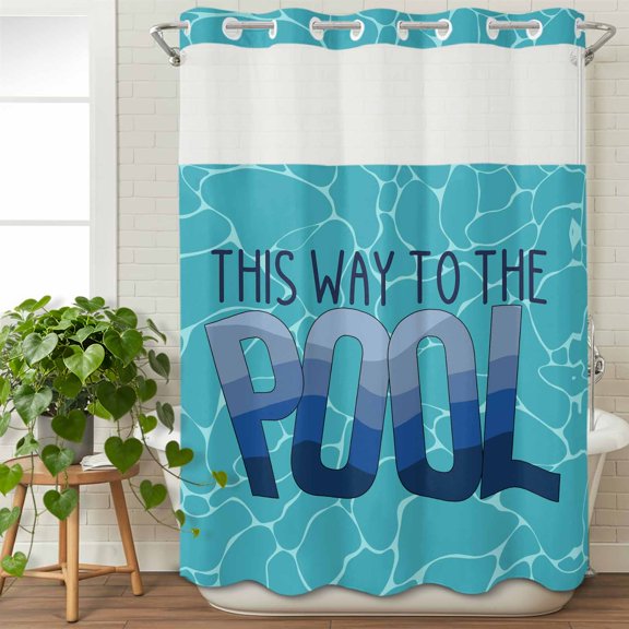 No Hook Shower Curtain with Snap in Fabric Liner Set- Summer Blue Swimming Pool Bathroom Curtains with See Through Mesh Top Window, Modern Abstract Art Waterproof Double Shower Curtain 60x72In