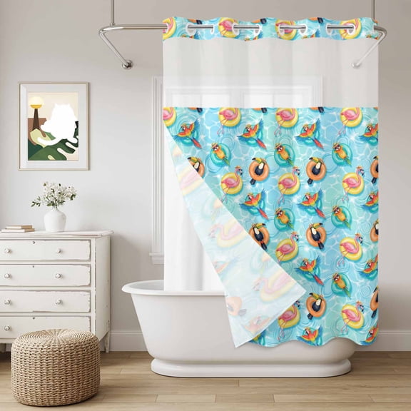 No Hook Shower Curtain with Snap in Fabric Liner Set Summer Pool Party Flamingo Bird Bathroom Curtains with See Through Mesh Top Window,Seamless Swim Rings Waterproof Double Shower Curtain 60x72In