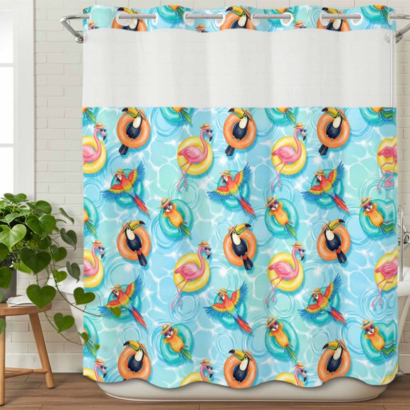 No Hook Shower Curtain with Snap in Fabric Liner Set Summer Pool Party Flamingo Bird Bathroom Curtains with See Through Mesh Top Window,Seamless Swim Rings Waterproof Double Shower Curtain 72x78In