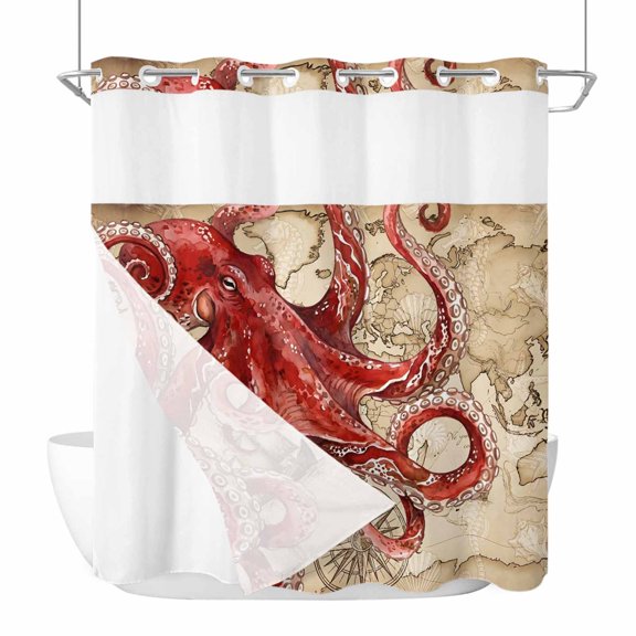 No Hook Shower Curtain with Snap in Fabric Liner Set Summer Red Big Octopus Bathroom Curtains with See Through Mesh Top Window,Marine Life on Retro Map 72x78in