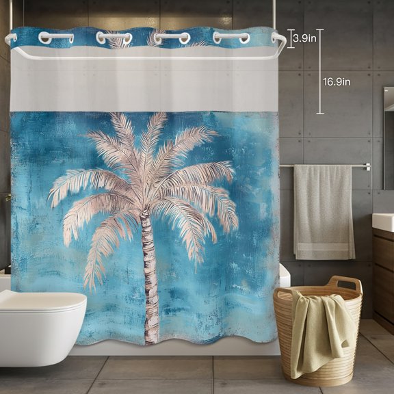 No Hook Shower Curtain with Snap in Fabric Liner Set Tropical Summer Palm Bathroom Curtains with See Through Mesh Top Window,Cerulean Blue Background Waterproof Double Shower Curtain 72x72In