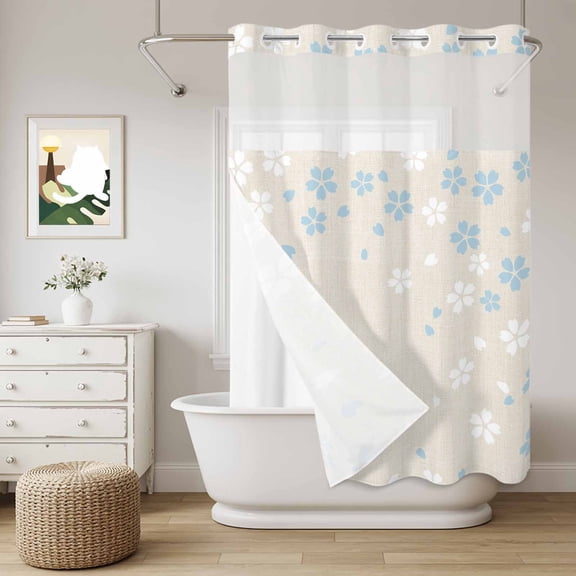No Hook Shower Curtain with Snap in Fabric Liner Set White Blue Floral Bathroom Curtains with See Through Mesh Top Window,Brown Retro Background Waterproof Double Shower Curtain 60x72In