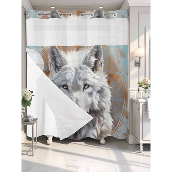 No Hook Shower Curtain with Snap in Fabric Liner Set White Wolf Animal Cool Wildlife Blue Gradient Bathroom Curtains with See Through Mesh Top Window,Retro Floral Waterproof Shower Curtain 72x72In