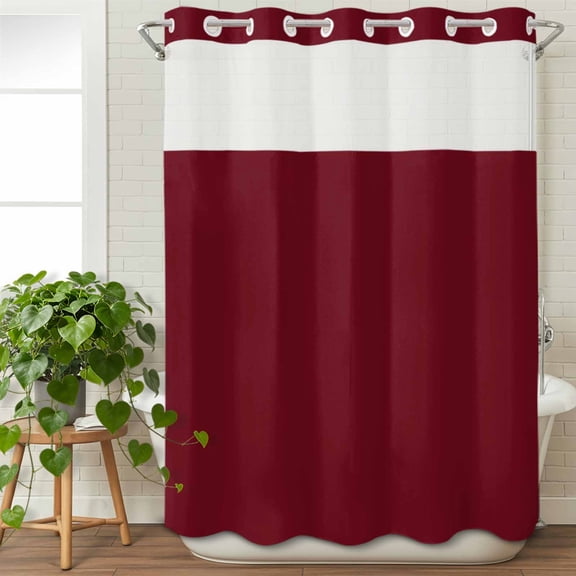 No Hook Shower Curtain with Snap in Fabric Liner Set- Wine Red Dark Maroon Bathroom Curtains with See Through Mesh Top Window, Burgundy Red Waterproof Double Shower Curtain 60x72In