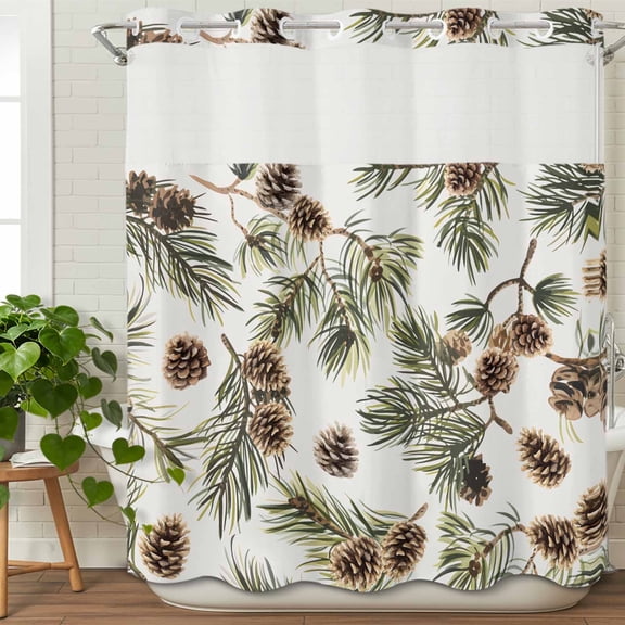 No Hook Shower Curtain with Snap in Fabric Liner Set Winter Pine Cone Leaf Bathroom Curtains with See Through Mesh Top Window,Watercolor Green Brown Plant Waterproof Double Shower Curtain 72x72In