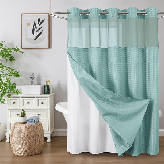 MY No Hook Shower Curtain with Snap in Fabric Liner, Waffle Weave Heavy Duty Thick Shower Curtains with Mesh Top Window, Hotel Style Waterproof Bathroom Curtain Set, 72 x 75 Inch, Teal