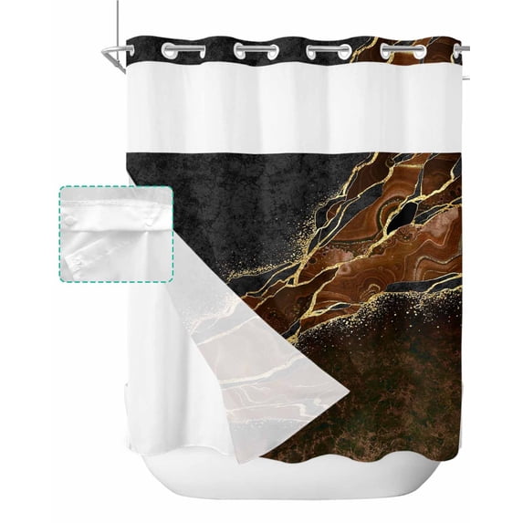 No Hook Shower Curtain with Snap in Liner, Abstract Art Black Marble with Brown Malachite Texture Hotel Shower Curtains for Bathroom, Washable Shower Curtain Liner Set with Mesh Top Window, 66"x72"