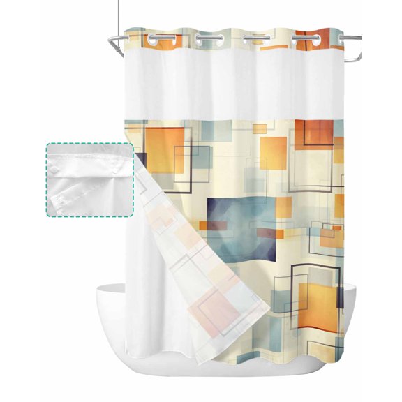 No Hook Shower Curtain with Snap in Liner, Abstract Art Orange Yellow Geometric Vintage Hotel Shower Curtains for Bathroom, Washable Shower Curtain Liner Set with Mesh Top Window, 48"x72"