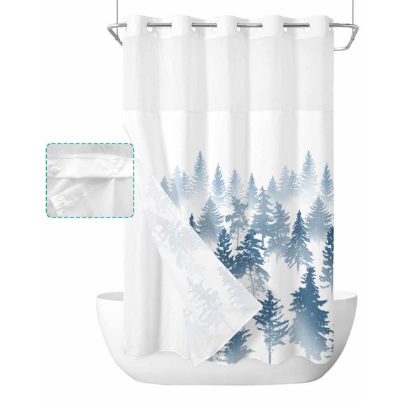 No Hook Shower Curtain with Snap in Liner, Abstract Art Silhouette Blue Forest Hotel Shower Curtains for Bathroom, Washable Shower Curtain Liner Set with Mesh Top Window, 36"x78"