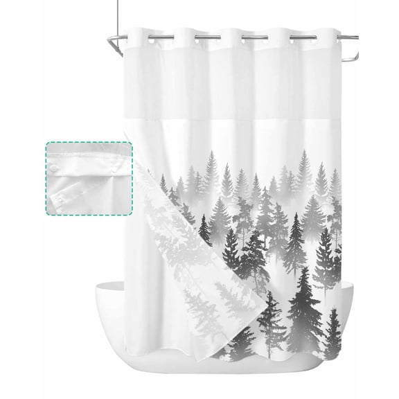 No Hook Shower Curtain with Snap in Liner, Abstract Art Silhouette Gray Forest Hotel Shower Curtains for Bathroom, Washable Shower Curtain Liner Set with Mesh Top Window, 48"x72"