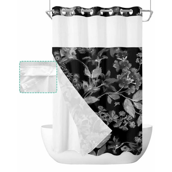 No Hook Shower Curtain with Snap in Liner, Abstract Black and White Flowers with Leaves Hotel Shower Curtains for Bathroom, Washable Shower Curtain Liner Set with Mesh Top Window, 36"x72"