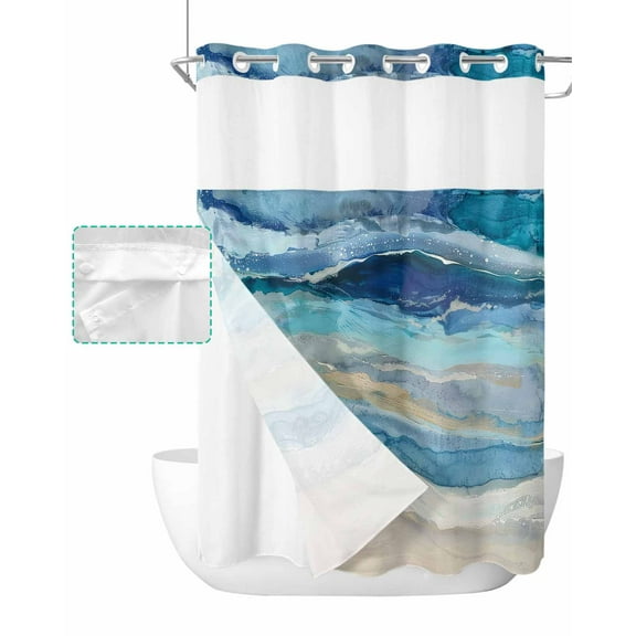 No Hook Shower Curtain with Snap in Liner, Abstract Blue Gradient Beach Ocean Wave Oil Painting Hotel Shower Curtains for Bathroom, Washable Shower Curtain Liner Set with Mesh Top Window, 48"x72"