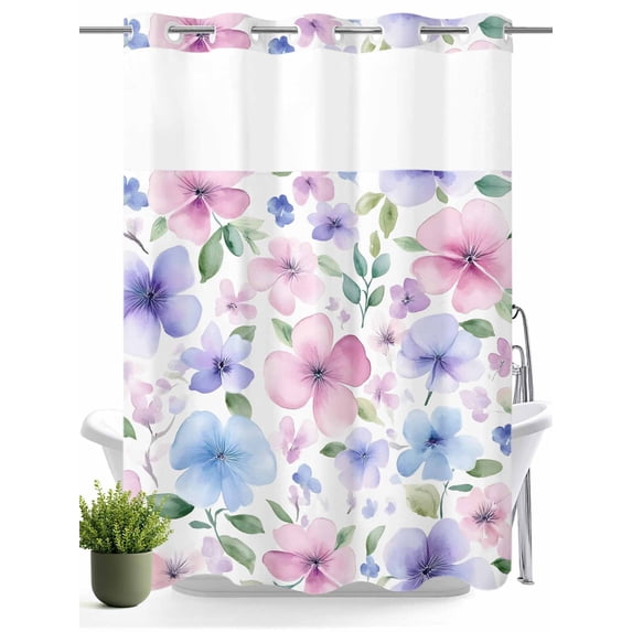 No Hook Shower Curtain with Snap in Liner,Abstract Blue Pink Wild Flower Waterproof Bath Curtain Double Layers with See Through Top Window,Pastoral Ombre Floral Hotel Shower Curtains 60x72in