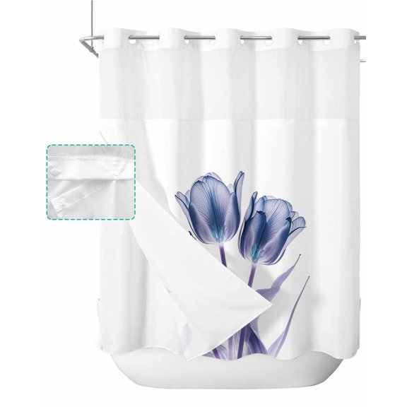 No Hook Shower Curtain with Snap in Liner, Abstract Blue Tulip Ray White Texture Hotel Shower Curtains for Bathroom, Washable Shower Curtain Liner Set with Mesh Top Window, 72”x78”
