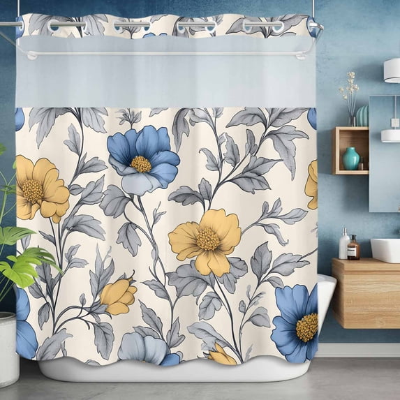 No Hook Shower Curtain with Snap in Liner, Abstract Blue Yellow Floral Waterproof Fabric Bathroom Curtain Mesh Top Window, Country Vintage Botanical Shower Curtains 72x72in