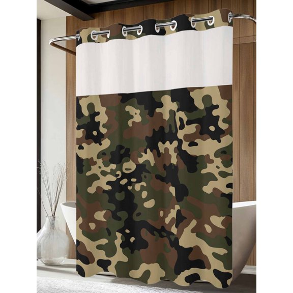 No Hook Shower Curtain with Snap in Liner, Abstract Camouflages Texture Waterproof Fabric Bathroom Curtain Mesh Top Window, Retro Camo Pattern Shower Curtains 60x72in