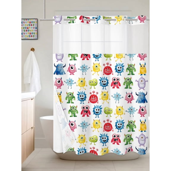No Hook Shower Curtain with Snap in Liner, Abstract Cartoon Monsters Waterproof Bathroom Curtain Mesh Top Window, Seamless Colorful Cute Alien Shower Curtains 60x72in