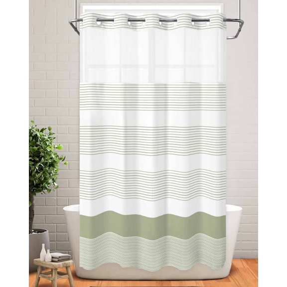 No Hook Shower Curtain with Snap in Liner,Abstract Classic Stripes Waterproof Bath Curtain Double Layers with See Through Top Window,Sage Green Lines Hotel Shower Curtains 36x72in