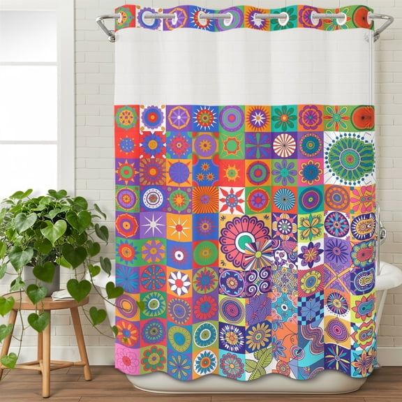 No Hook Shower Curtain with Snap in Liner, Abstract Ethnic Patchwork Waterproof Bath Curtain Double Layers with See Through Top Window, Boho Indian Geometric Flower Hotel Shower Curtains 48x72in