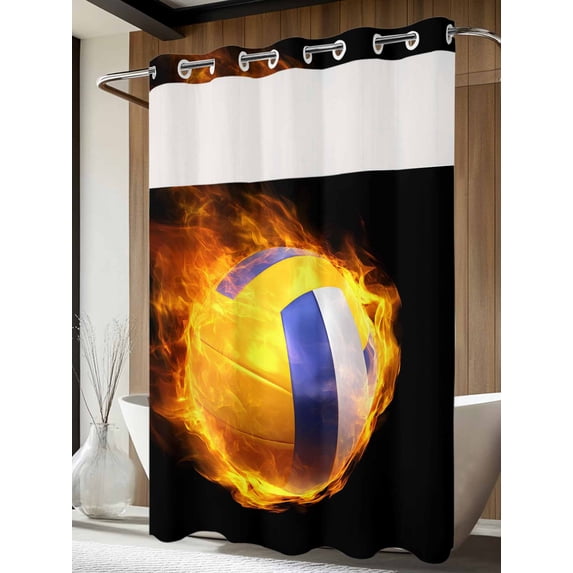 No Hook Shower Curtain with Snap in Liner, Abstract Flame Volleyball Waterproof Fabric Bathroom Curtain Mesh Top Window, Modern Sport Art Shower Curtains 60x72in