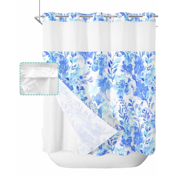 No Hook Shower Curtain with Snap in Liner, Abstract Flowers Plants Watercolor Floral Hotel Shower Curtains for Bathroom, Washable Shower Curtain Liner Set with Mesh Top Window, 72”x78”