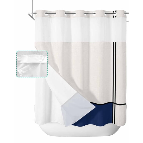 No Hook Shower Curtain with Snap in Liner, Abstract Gemoetric Art Navy Blue Color Block Hotel Shower Curtains for Bathroom, Washable Shower Curtain Liner Set with Mesh Top Window, 72"x72"