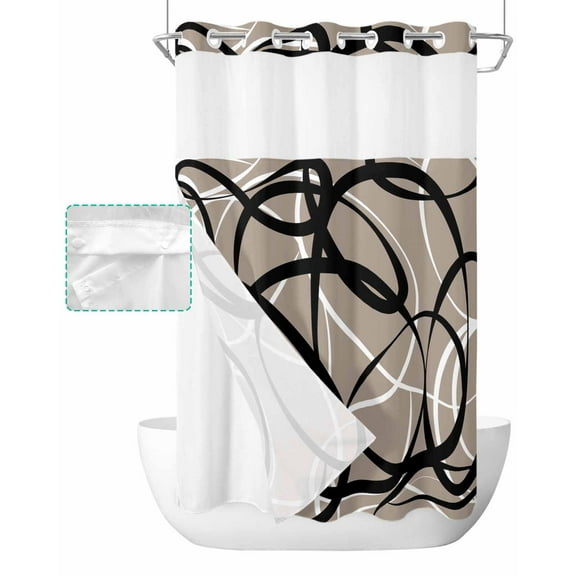 No Hook Shower Curtain with Snap in Liner, Abstract Geometric Black and Yellow Line Brown Hotel Shower Curtains for Bathroom, Washable Shower Curtain Liner Set with Mesh Top Window, 36"x72"