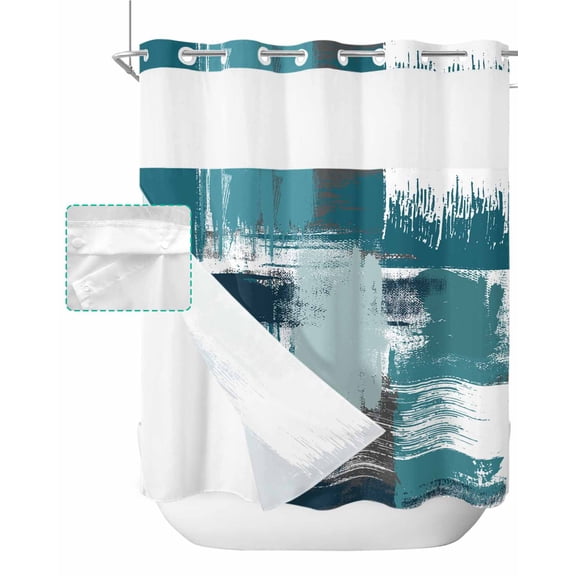 No Hook Shower Curtain with Snap in Liner, Abstract Geometric Blue Oil Painting Hotel Shower Curtains for Bathroom, Washable Shower Curtain Liner Set with Mesh Top Window, 72"x72"
