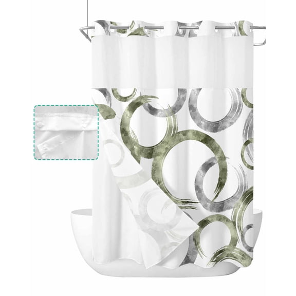 No Hook Shower Curtain with Snap in Liner, Abstract Geometric Green Round Pattern Hotel Shower Curtains for Bathroom, Washable Shower Curtain Liner Set with Mesh Top Window, 60"x72"