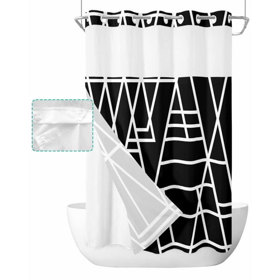No Hook Shower Curtain with Snap in Liner, Abstract Geometric White Line Black Texture Hotel Shower Curtains for Bathroom, Washable Shower Curtain Liner Set with Mesh Top Window, 36"x72"