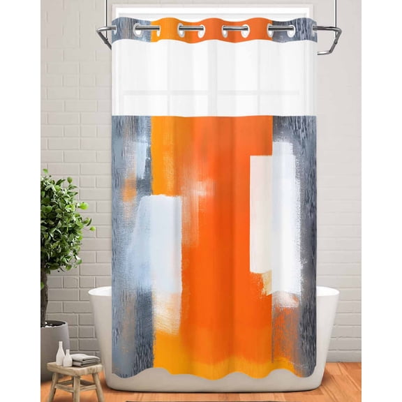 No Hook Shower Curtain with Snap in Liner,Abstract Gradient Oil Painting Style Waterproof Bath Curtain Double Layers with See Through Top Window,Watercolor Orange Grey Art Shower Curtains 36x72in