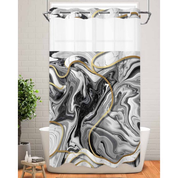 No Hook Shower Curtain with Snap in Liner,Abstract Gray Gold Marble Texture Waterproof Bath Curtain Double Layers with See Through Top Window,Modern Minimalist Fluid Style Shower Curtains 36x72in