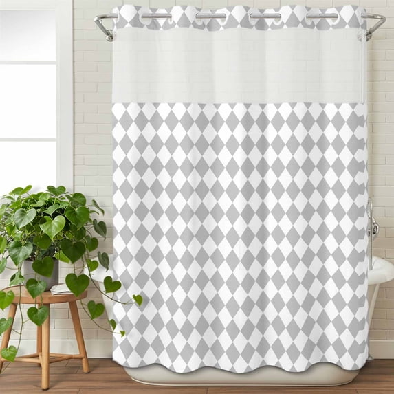 No Hook Shower Curtain with Snap in Liner, Abstract Gray White Plaid Waterproof Fabric Bathroom Curtain Mesh Top Window, Modern Geometric Diamond Shower Curtains 48x72in