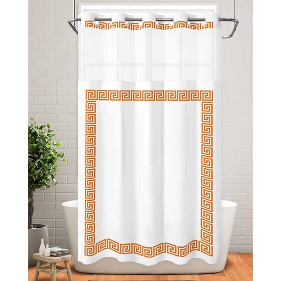 No Hook Shower Curtain with Snap in Liner,Abstract Greek Inspired Art Waterproof Bath Curtain Double Layers with See Through Top Window,Orange Twist Line Key Pattern Hotel Shower Curtains 36x72in