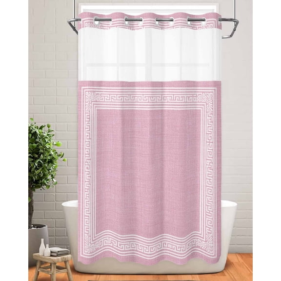 No Hook Shower Curtain with Snap in Liner,Abstract Greek Inspired Key Pattern Waterproof Bath Curtain Double Layers with See Through Top Window,Twist Stripe on Pink Hotel Shower Curtains 36x72in