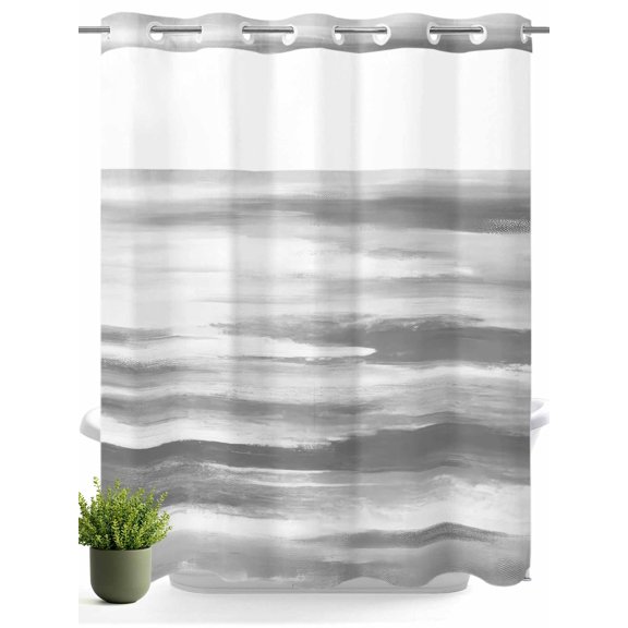 No Hook Shower Curtain with Snap in Liner,Abstract Grey Texture Pattern Waterproof Bath Curtain Double Layers with See Through Top Window,Vintage Striped Hotel Shower Curtains 72x72in
